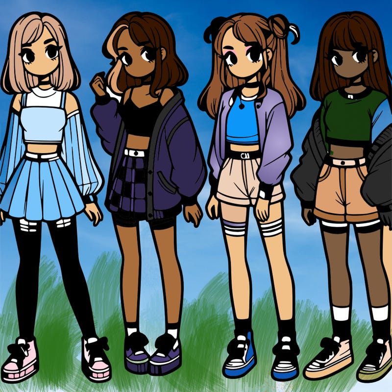 one girl with crop-top shirt and a jacket with a skirt, long socks and another girl with a shirt and pants with a jacket