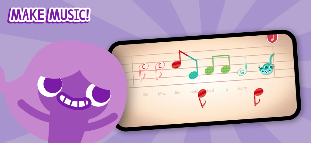 Endless Learning Academy - A music lesson in the Endless Learning Academy app showing musical notes and the song Old MacDonald had a farm