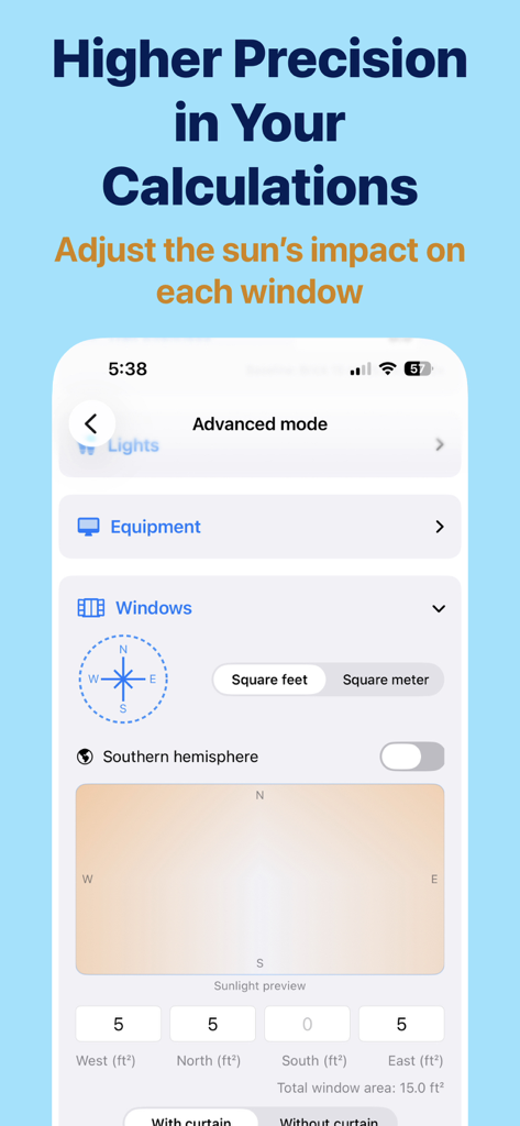 AC Calculator Pro app advanced mode interface for window sunlight impact and orientation calculation