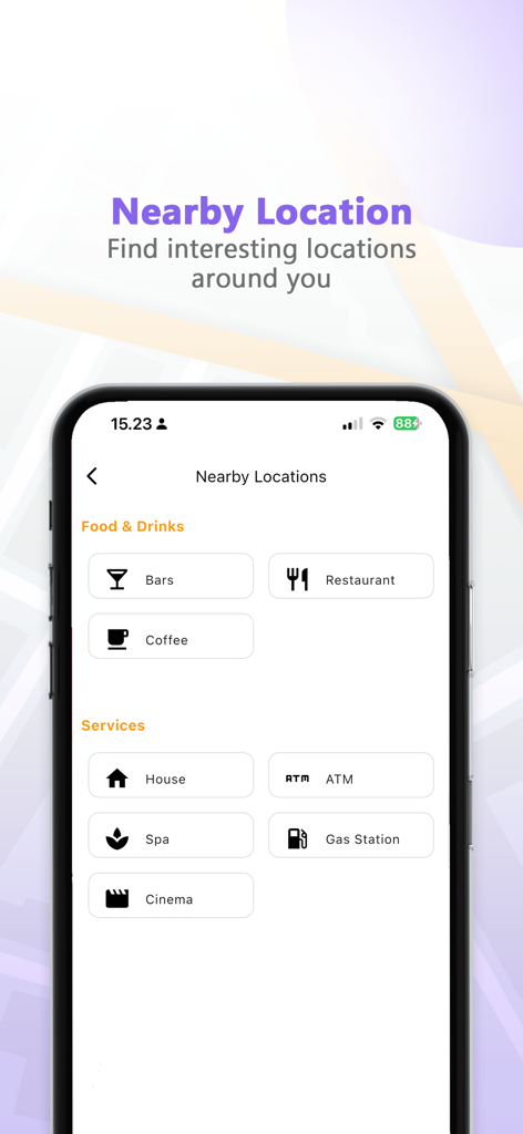 Track location: Findmyfriends - Findmyfriends app interface showing nearby services like restaurants and gas stations