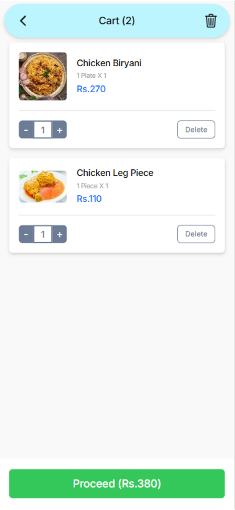 Golly - Delivery app - Golly 배달 앱 모바일 화면에는 체크아웃 준비가 된 치킨 비르야니와 닭다리 살이 포함된 장바구니가 표시됩니다.