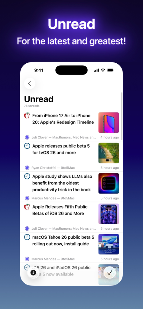 Elytra - Elytra RSS app unread feed displaying tech news articles on iPhone