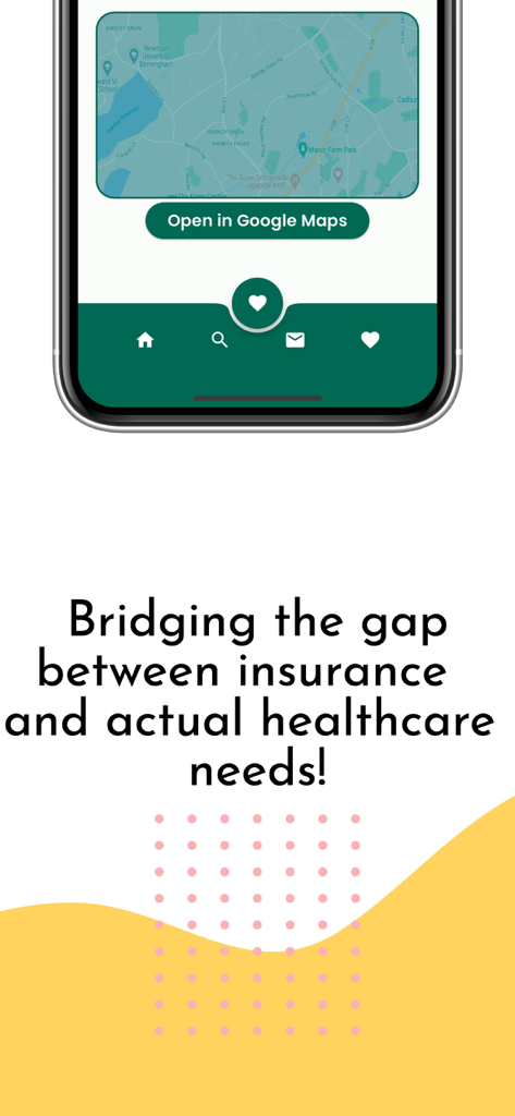 Schermo dello smartphone che mostra la mappa dell'app Tadamun e uno slogan sul colmare il divario tra assicurazione e bisogni sanitari