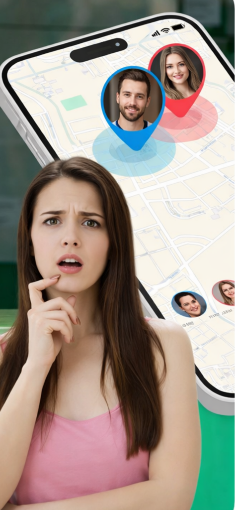 Phone Location Tracker - LocFi - A concerned woman next to a smartphone screen displaying family members locations on a map