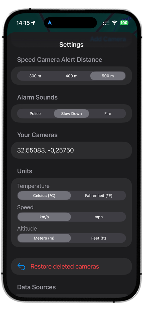 DGT Cameras - Settings screen of DGT Cameras app showing customizable alert distances alarm sounds and measurement units for speed and temperature