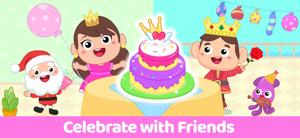 Cake Maker Kids Cooking Games - Personajes animados, incluyendo una princesa, un príncipe y Santa Claus, celebrando alrededor de un gran pastel