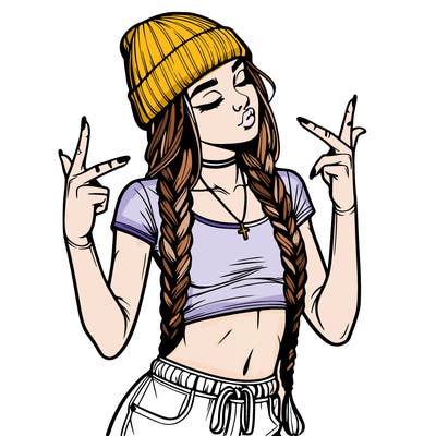 realistic teenage girl with braids and a beanie and crop top doing 🫶🏼