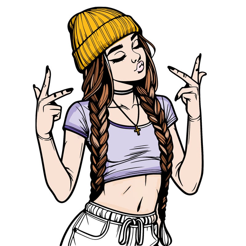 realistic teenage girl with braids and a beanie and crop top doing 🫶🏼