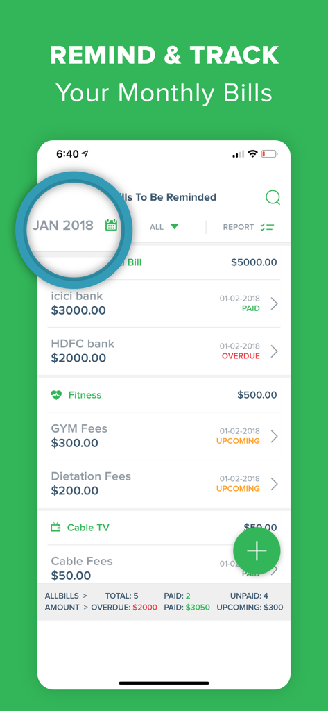 Interface of the Bill Organizer app showing a list of monthly bills with status labels for paid, overdue, and upcoming payments.