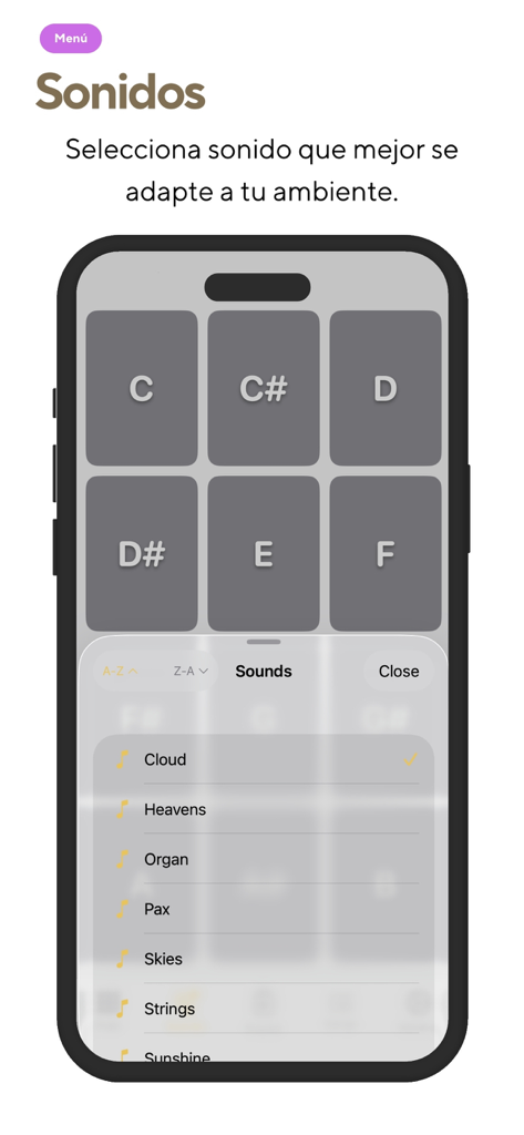 Padline - Interface of the Padline app showing the ambient sound selection menu for musicians.