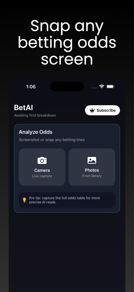 Betting AI : Sports Betting - Interfaz de la aplicación Betting AI mostrando opciones de cámara y carga de fotos para analizar cuotas de apuestas deportivas.