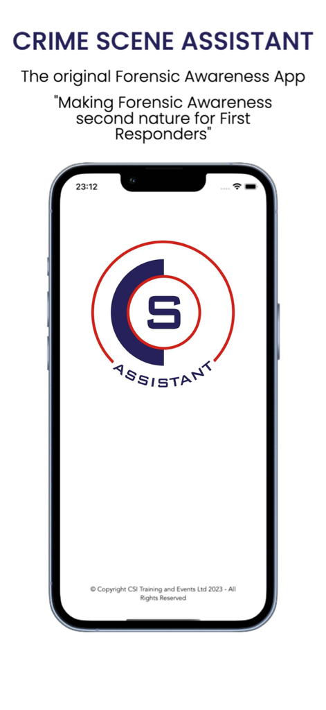 Crime Scene Assistant - Logotipo y eslogan de la aplicación Asistente de Escena del Crimen para socorristas en una pantalla de iPhone