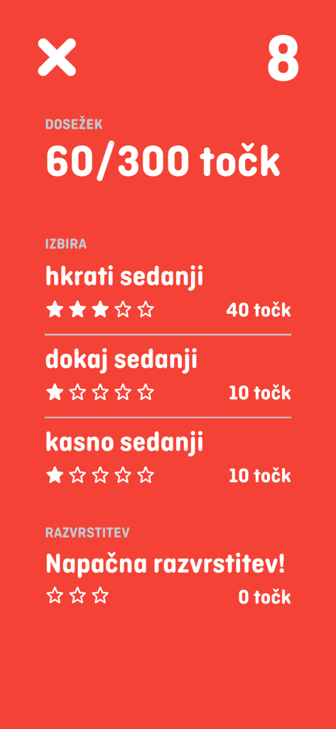 Igra besed - A summary of points and word collocation scores in the Igra besed game app