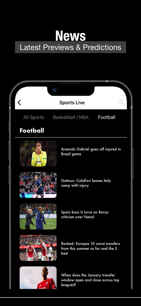 Sports Live TV Streaming - Feed de noticias de fútbol en la aplicación Sports Live TV Streaming que muestra las últimas previas y predicciones
