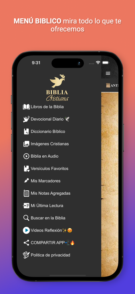 Biblia Cristiana Evangélica - Menú principal de la aplicación Biblia Cristiana Evangélica mostrando opciones para Devocional Diario, Biblia en Audio y Libros de la Biblia.