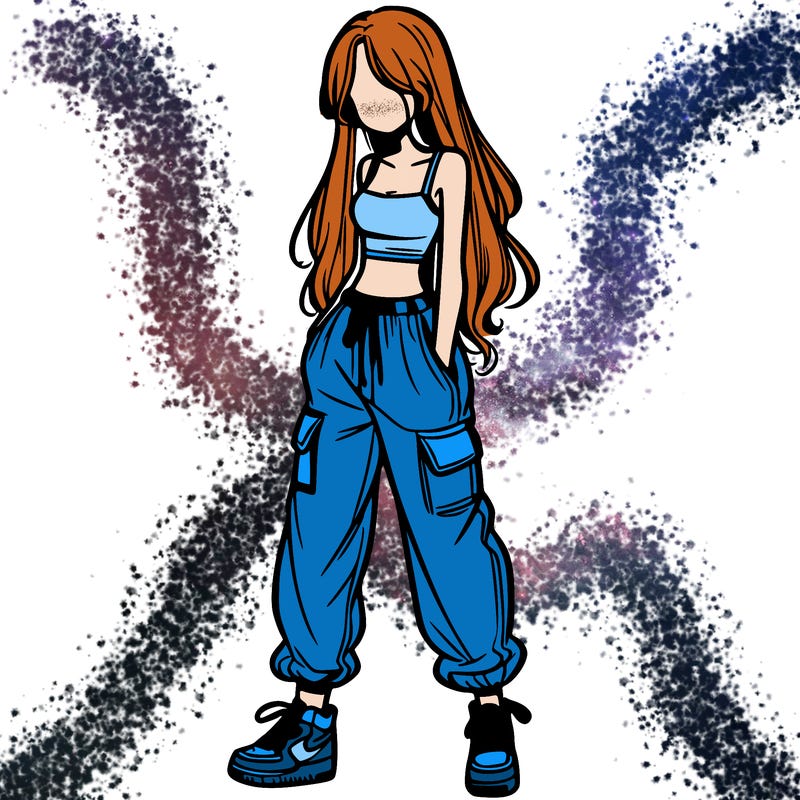 girl in baggy pants crop top and long hair