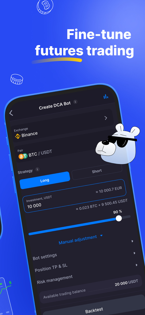 Bitsgap: Crypto Trading Bots - Bitsgap mobile app interface for setting up a DCA crypto trading bot on Binance