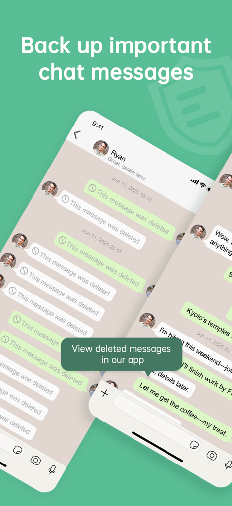 WAMR:Dual Messenger -Whats web - A mobile interface demonstrating the recovery of deleted messages and chat backup functionality for messenger apps.