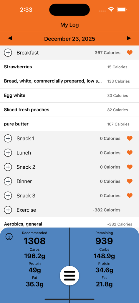 REPTS+ - Der Bildschirm „Meine Protokolle“ der REPTS plus App zeigt aufgezeichnete Frühstücksartikel und tägliche Kalorien- und Nährstoffzusammenfassungen.