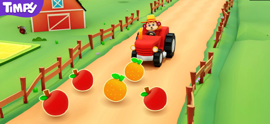 Barn & Farm Games For Kids - A cartoon monkey driving a red tractor on a farm road to collect apples and oranges