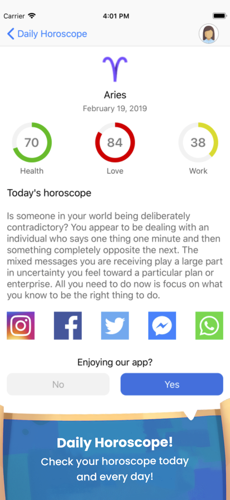 Daily Horoscope & Zodiac Signs - Daily horoscope dashboard for Aries showing health love and work scores with a personalized prediction