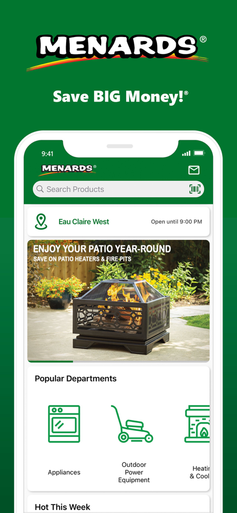 Oberfläche der Menards-App auf dem Handy, die Produktkategorien und eine saisonale Feuertopf-Aktion zeigt.