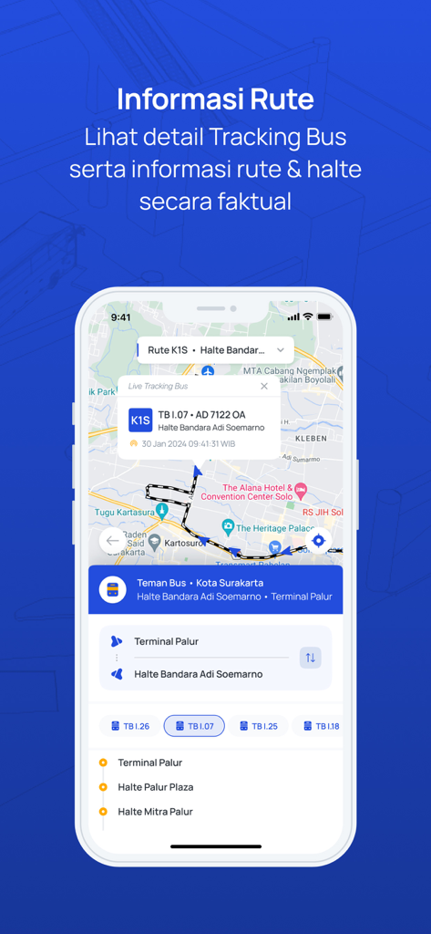 MitraDarat - Captura de tela do aplicativo MitraDarat mostrando rastreamento de ônibus ao vivo e detalhes da rota em um mapa na Indonésia