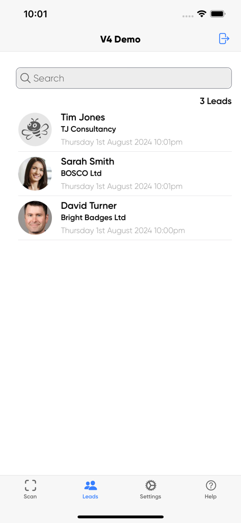 SmartScan mobile app interface displaying a list of captured business leads including names and company information