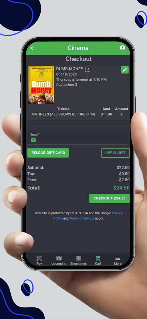 Emerald Moviesアプリのチェックアウト画面。Dumb Moneyの映画チケット購入が表示されています。