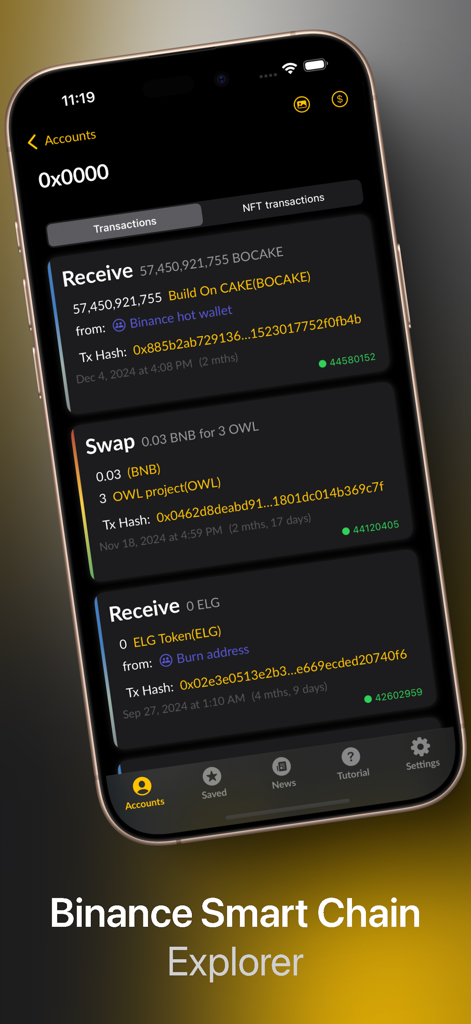 Mobile interface of the Binance Smart Chain Explorer app showing recent BEP-20 token transactions and swaps on an iPhone.