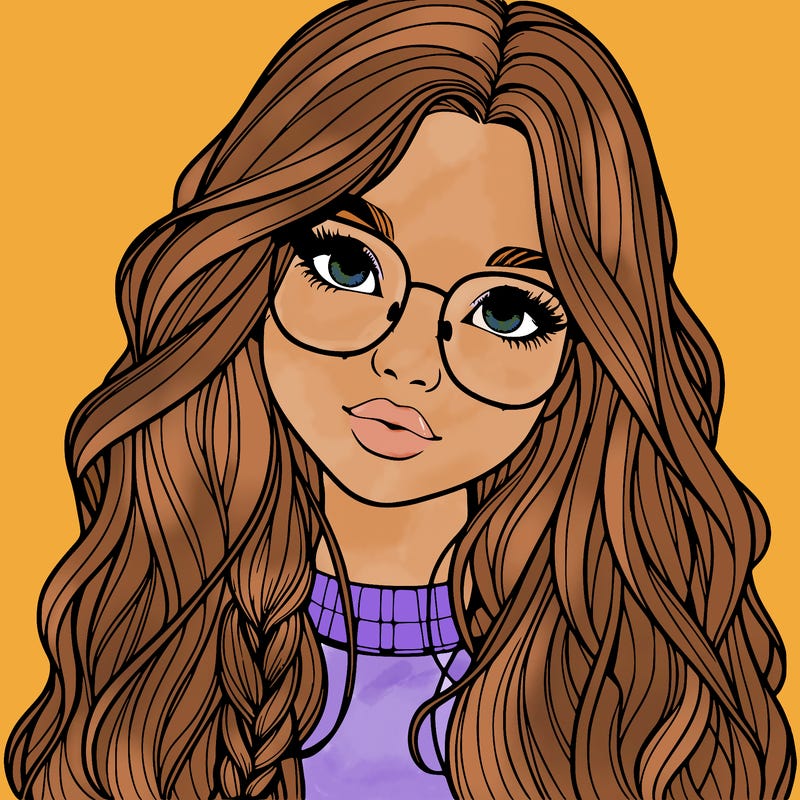 girl with long hair and freckles and glasses realistic