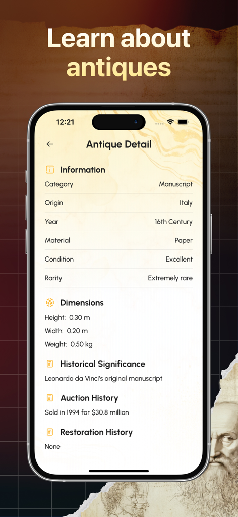 Relic Snap: Antique Identifier - Antique details page in Relic Snap app displaying historical information and origin for a rare manuscript.