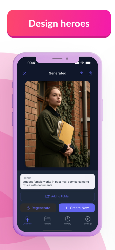 ТаngоLivе AI: Character Studio - Mobile app interface showing an AI-generated image of a female student holding documents under the heading Design heroes.