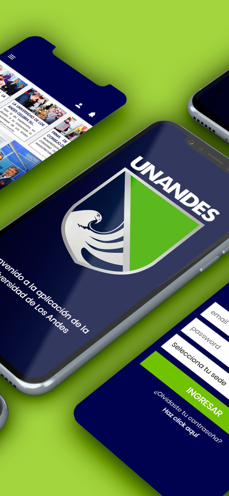 UNANDES - Mobile interface of the UNANDES university app showing the login screen logo and news feed
