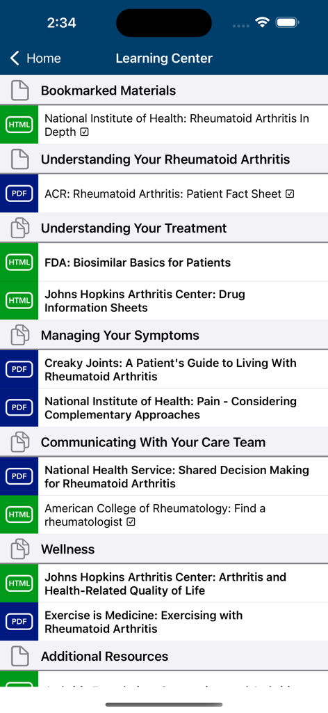 Learning Center screen in the RA Manager app displaying a list of educational resources for Rheumatoid Arthritis management