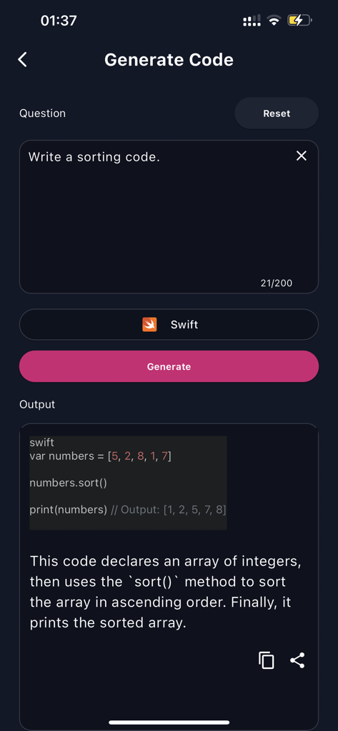 Code AI: Learn Programming - Una interfaz de aplicación móvil mostrando a la IA generando y explicando código Swift para ordenar un array.