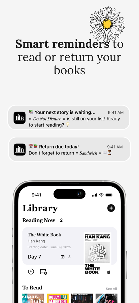 Interface de l'application BookMiles montrant des notifications intelligentes pour les objectifs de lecture et la gestion de la bibliothèque.