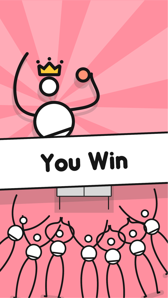 Personagem stickman com uma coroa celebrando a vitória em um jogo de pingue-pongue minimalista