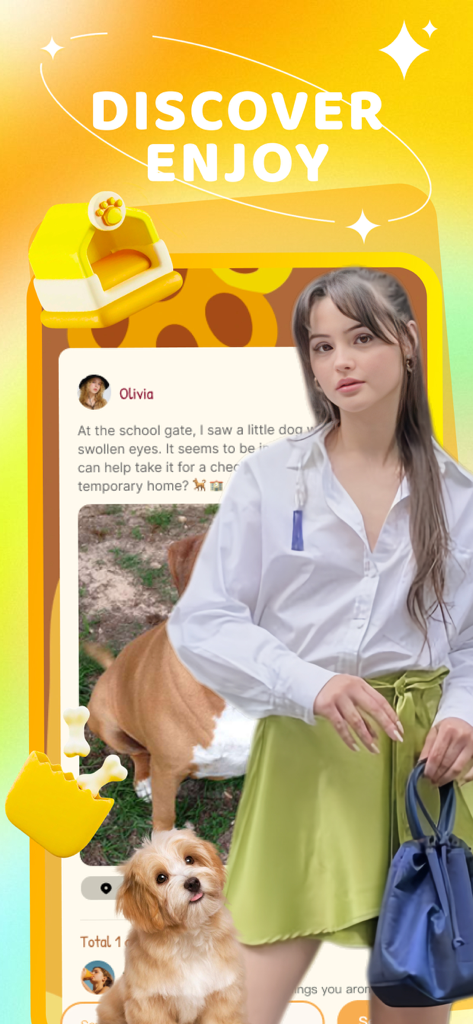 Inzo - Connect, Find, Enjoy - Inzo app interface showing a social feed for animal rescue and discovery with a dog and community posts