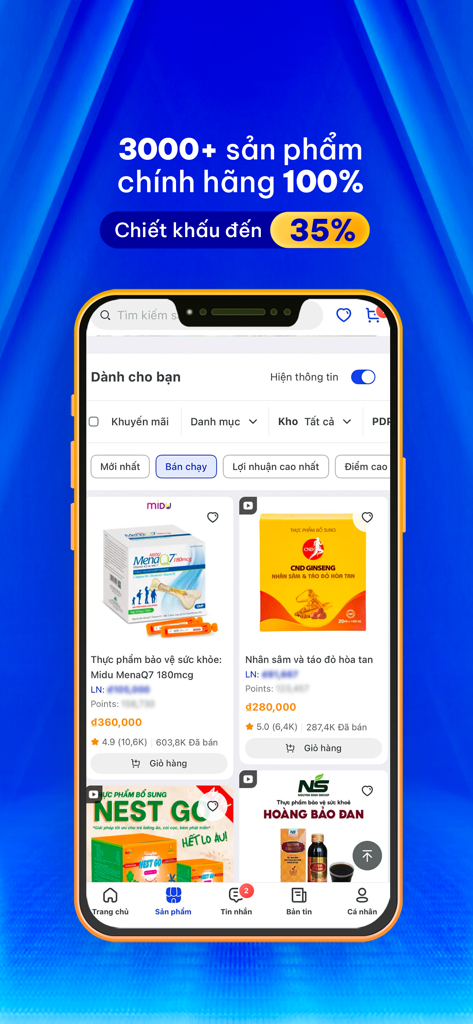 Interface do aplicativo Droppii Biz mostrando uma lista de produtos autênticos para vendedores de dropshipping