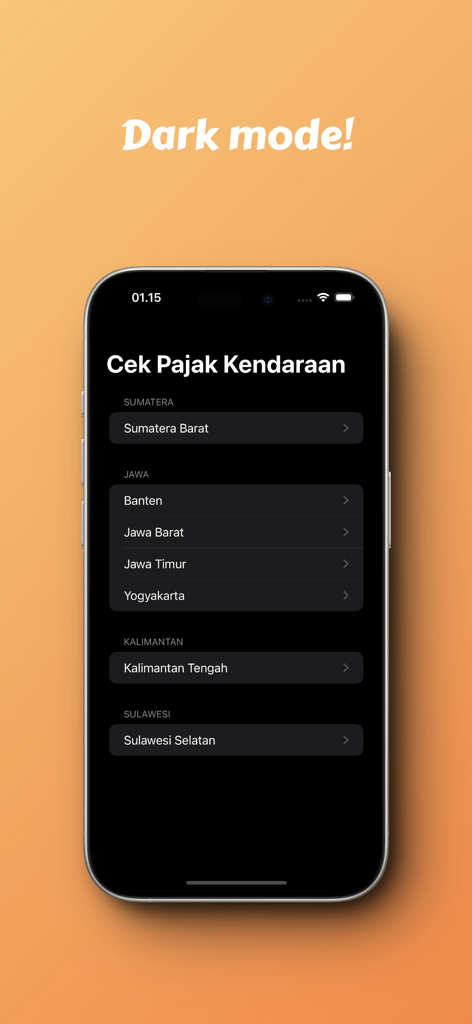 Cek Ranmor app interface in dark mode showing a list of Indonesian regions for vehicle tax checks