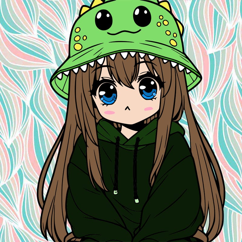 girl with anime shaped eyes with a dinosaur bucket hat oversized sweatshirt long straight hair