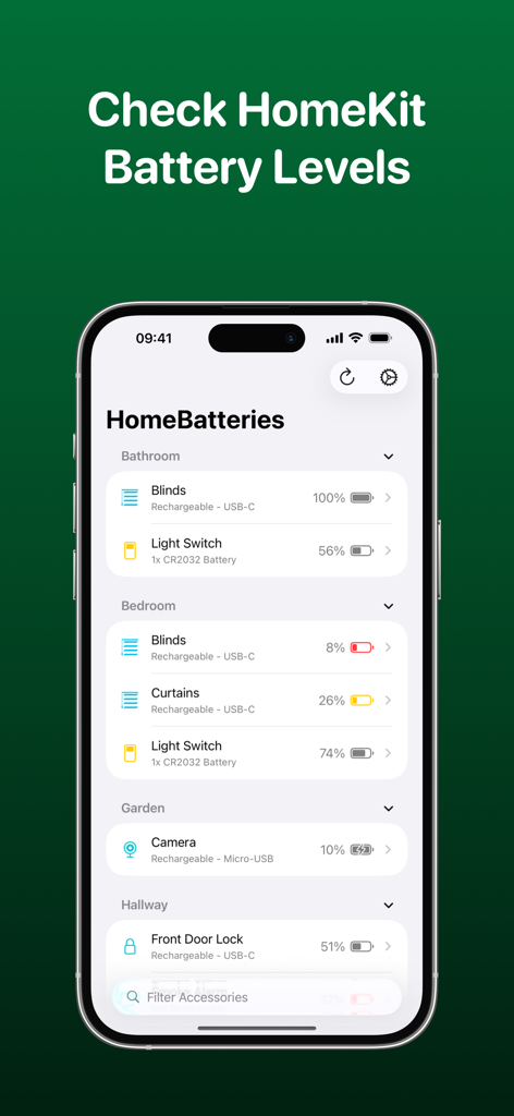 HomeBatteries for HomeKit - HomeBatteries for HomeKit app on an iPhone showing a list of smart home device battery levels organized by room.