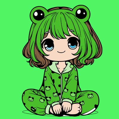 cute realistic girl wearing froggy pajamas