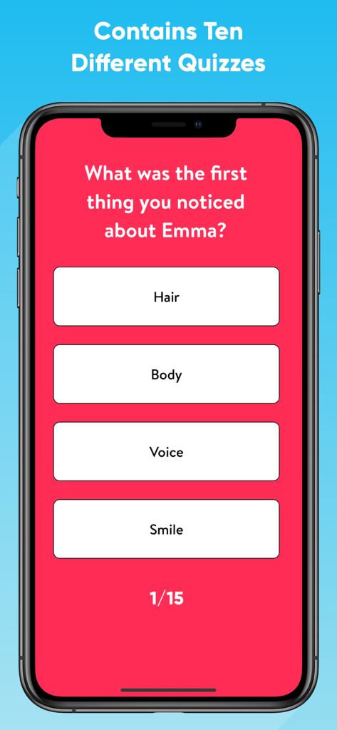 Couples Quiz Relationship Game - Mobile app screen showing a relationship quiz question asking what was first noticed about a partner with four multiple choice options