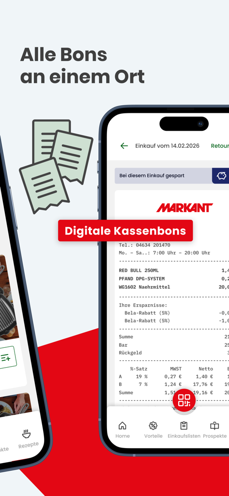 Markant GO - Digital grocery receipts and savings tracker shown on a smartphone screen in the Markant GO app