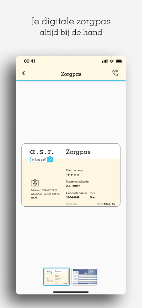 Vista de la tarjeta digital de seguro de salud dentro de la app Zorg de a.s.r. mostrando detalles del seguro e información del cliente