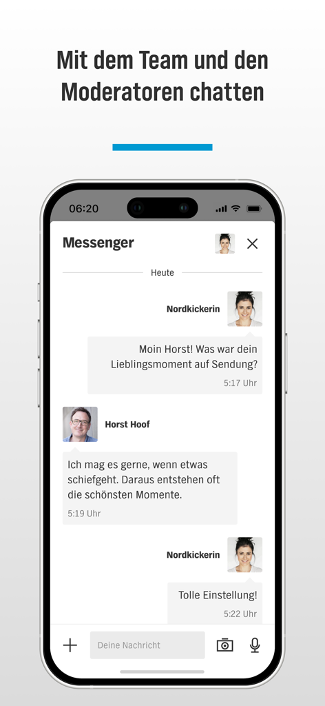 Écran d'iPhone montrant la fonction messagerie de l'application NDR Schleswig-Holstein pour discuter avec les présentateurs radio