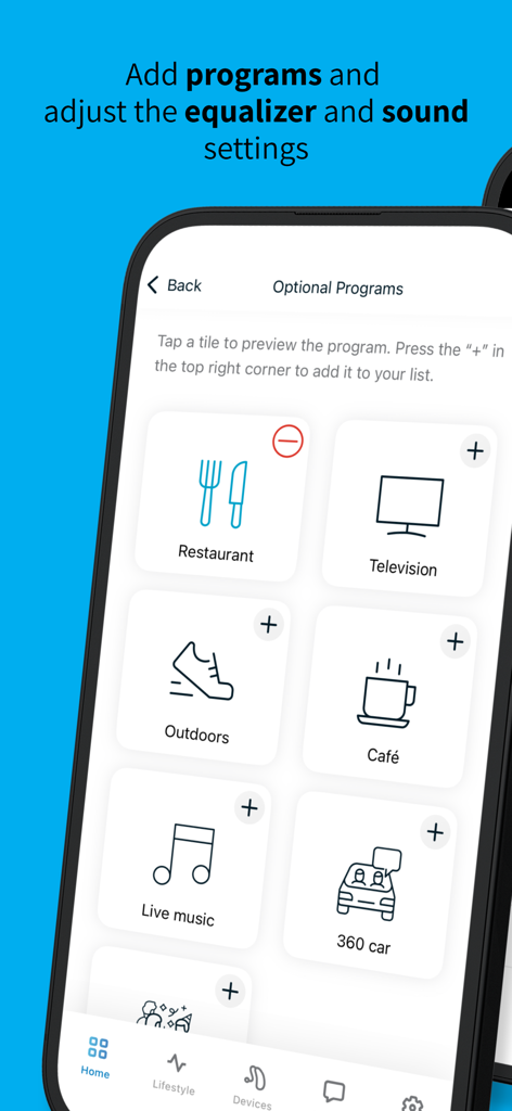 Unitron Remote Plus - Unitron Remote Plus app interface showing optional listening programs for different environments like restaurant and television