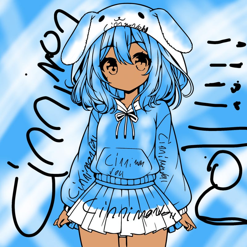 pretty anime girl wearing a fluffy hoodie with bunny ears on the hood and a skirt